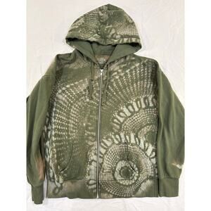 Reworked Custom Bleach Dyed Green Medallion Zip Up Lightweight Hoodie Medium